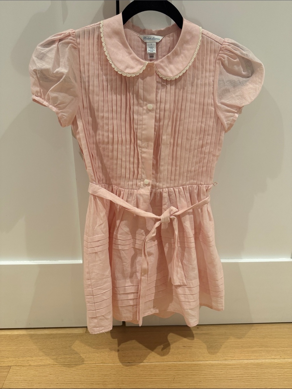 Ralph Lauren Light Pink Pleated Cotton Dress with Peter Pan Collar